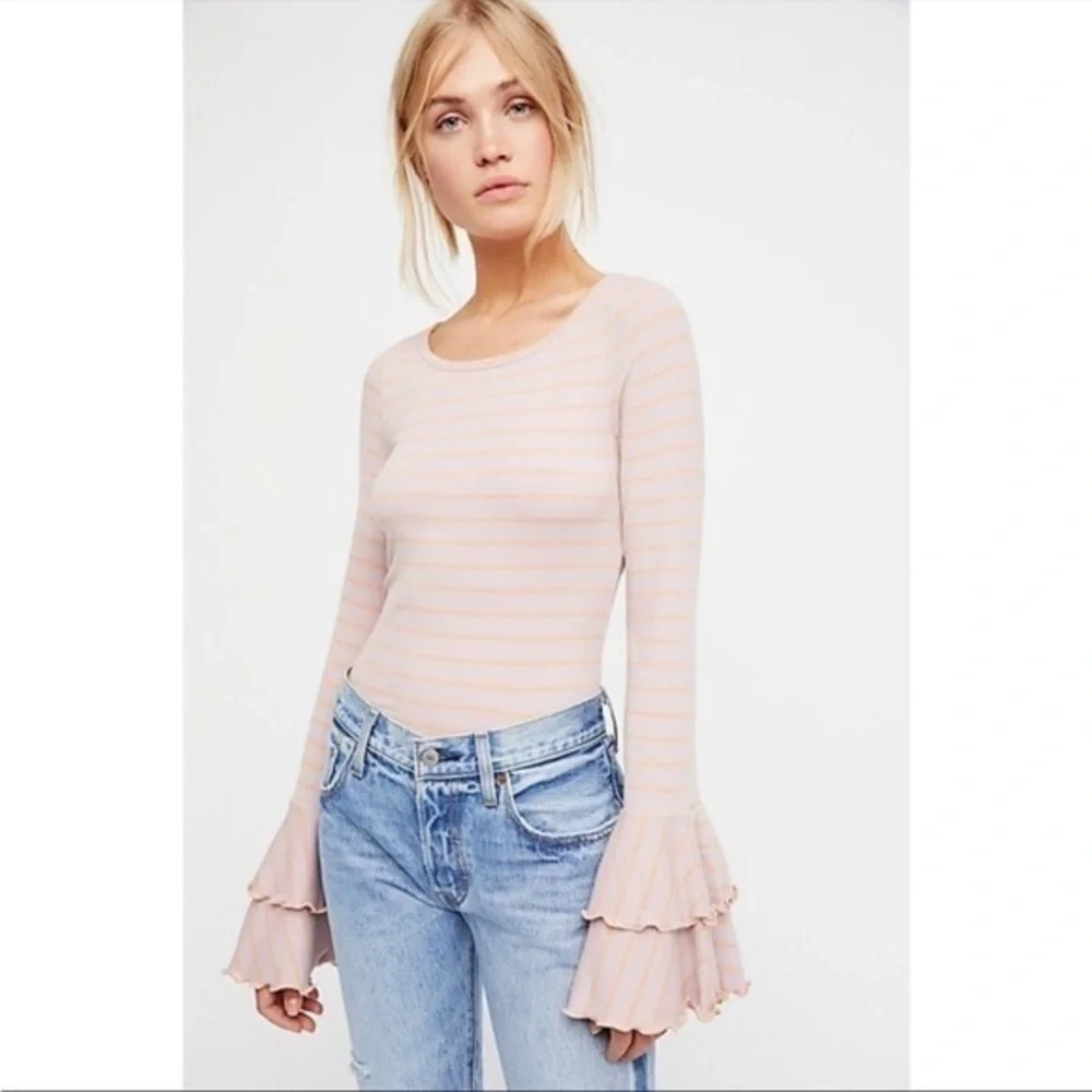Free People We The Free Good Find Top Dusty Print Stripped Top Bell Sleeves